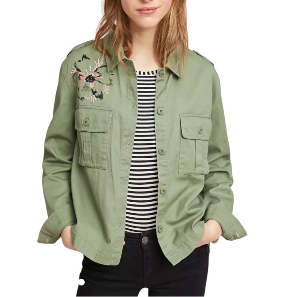 Anthropologie Sanctuary Birdsong Embroidered Shirt Jacket Hummingbird on Back